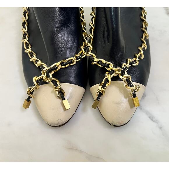 VINTAGE FALL 2008 BERNHARD WILLHELM GOLD CHAIN BLUE/BEIGE WEDGE BOOTIES SZ 7 - Picture 6 of 10